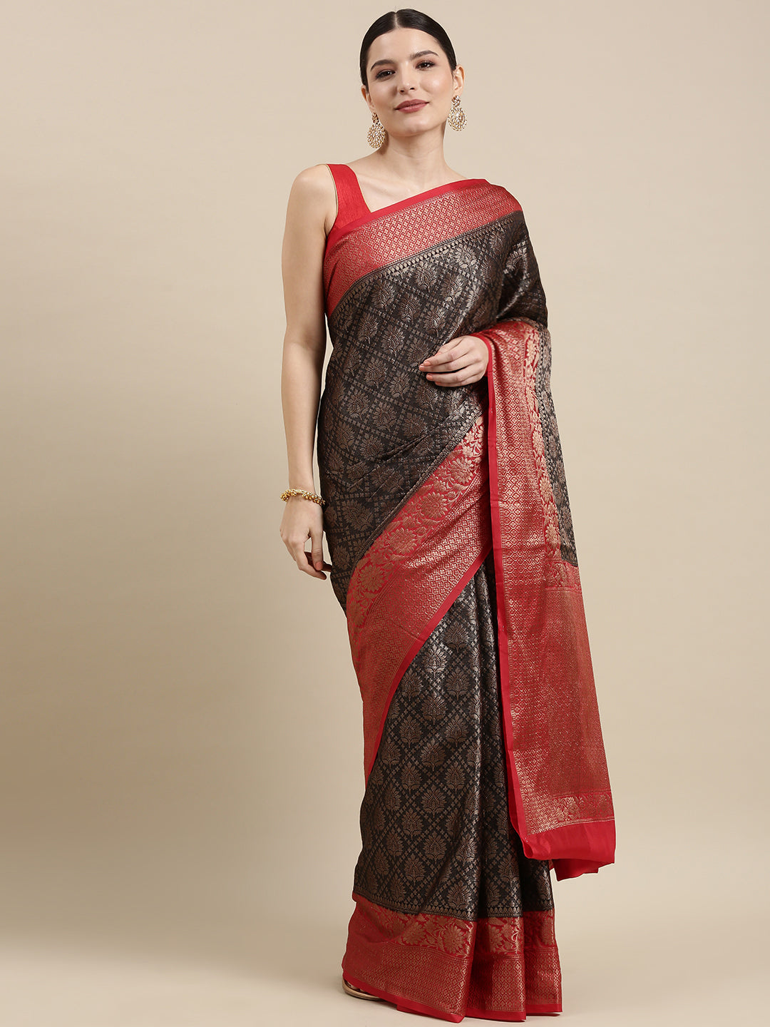 Faishana Presents Black Cotton Silk Zari Brocade With Kadiyal Contrast Red Border Banarasi Saree