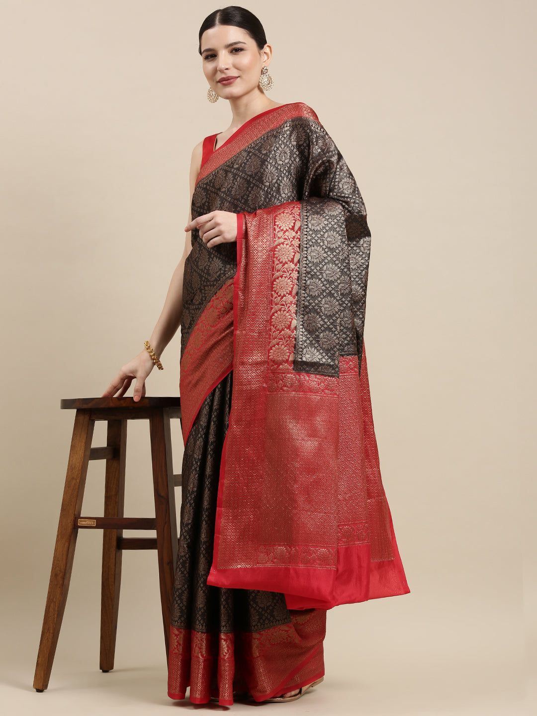 Black Cotton Blend Banarasi Sarees For Women GECT26