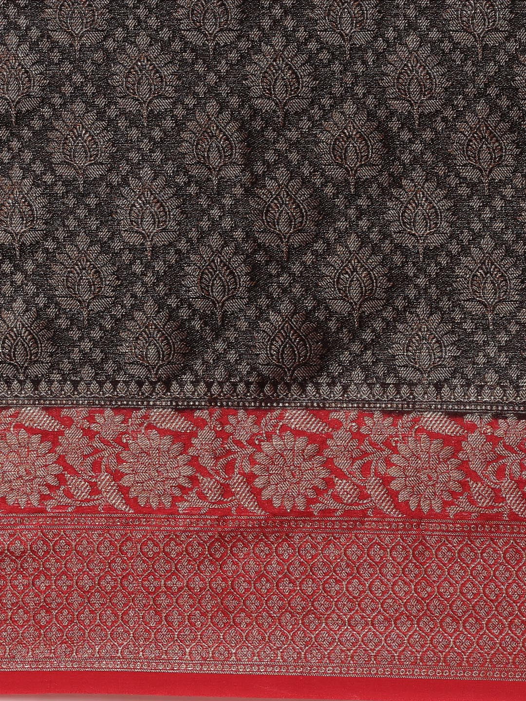 Faishana Presents Black Cotton Silk Zari Brocade With Kadiyal Contrast Red Border Banarasi Saree