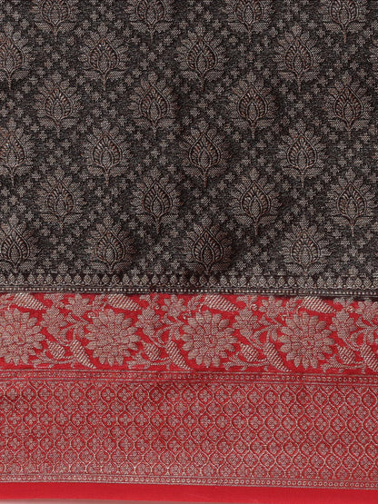 Faishana Presents Black Cotton Silk Zari Brocade With Kadiyal Contrast Red Border Banarasi Saree