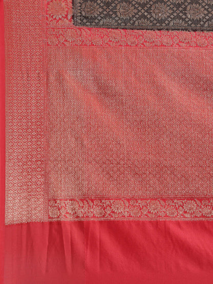 Faishana Presents Black Cotton Silk Zari Brocade With Kadiyal Contrast Red Border Banarasi Saree
