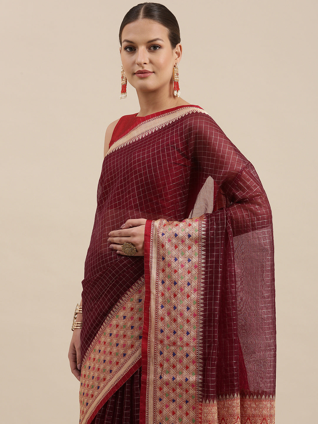 Faishana Presents Brown Organza Zari Check With Skirt Tilfi Kadiyal Contrast Red Border Banarasi Saree