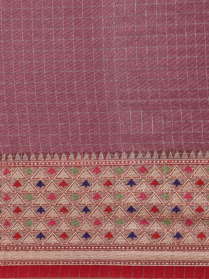 Faishana Presents Brown Organza Zari Check With Skirt Tilfi Kadiyal Contrast Red Border Banarasi Saree