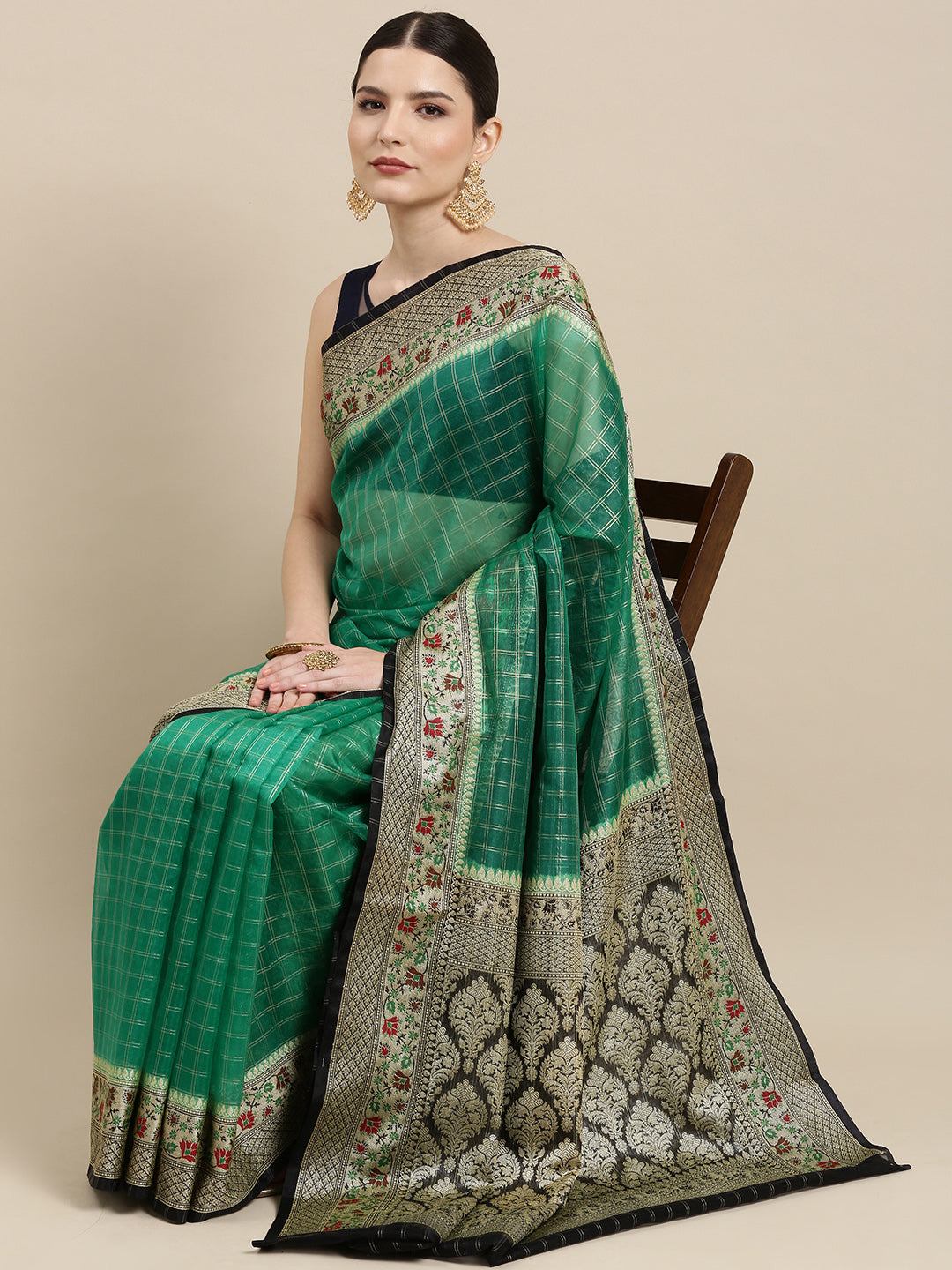 Faishana Presents Green Organza Zari Check With Tilfi Kadiyal Contrast Black Border Banarasi Saree