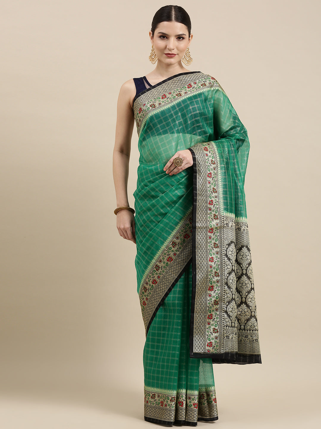 Faishana Presents Green Organza Zari Check With Tilfi Kadiyal Contrast Black Border Banarasi Saree