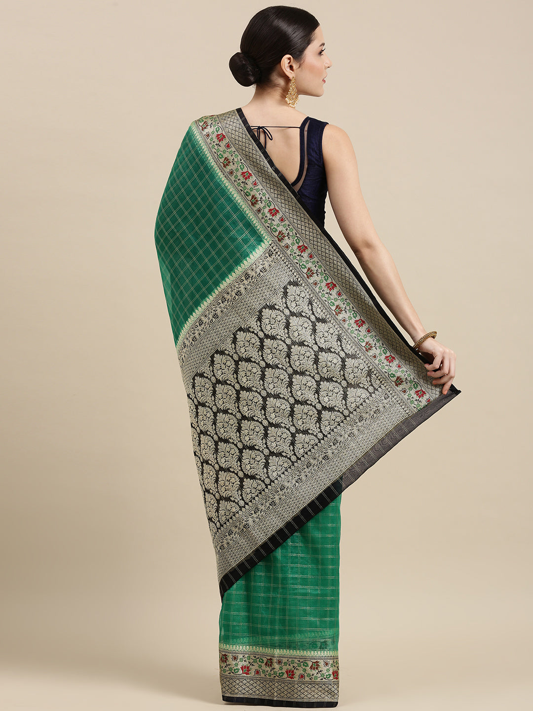 Faishana Presents Green Organza Zari Check With Tilfi Kadiyal Contrast Black Border Banarasi Saree