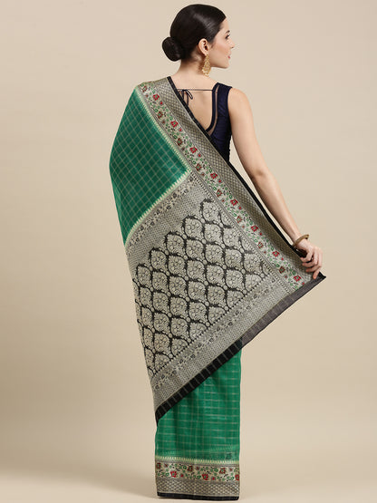 Faishana Presents Green Organza Zari Check With Tilfi Kadiyal Contrast Black Border Banarasi Saree
