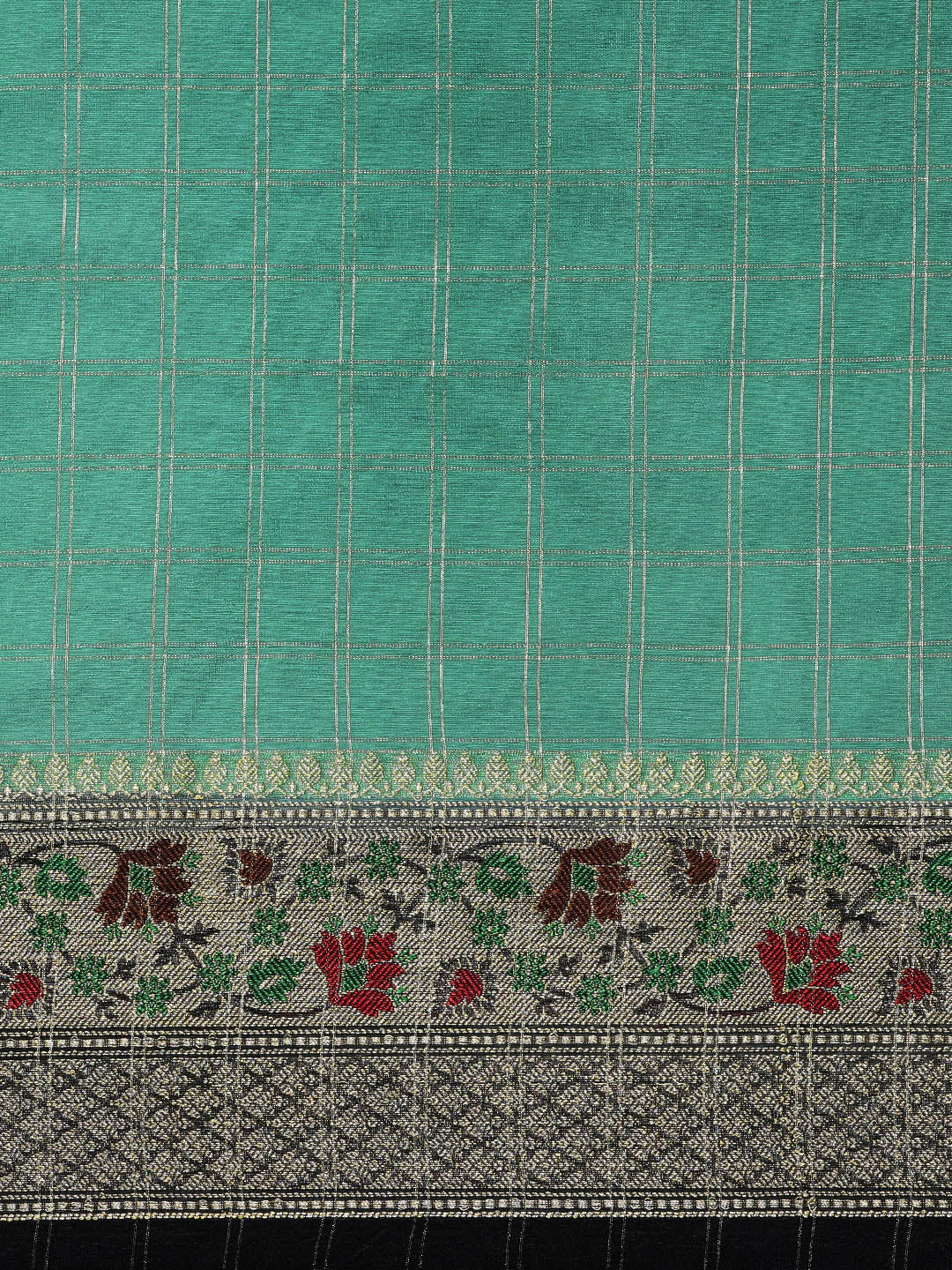 Faishana Presents Green Organza Zari Check With Tilfi Kadiyal Contrast Black Border Banarasi Saree
