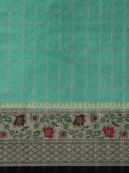 Faishana Presents Green Organza Zari Check With Tilfi Kadiyal Contrast Black Border Banarasi Saree