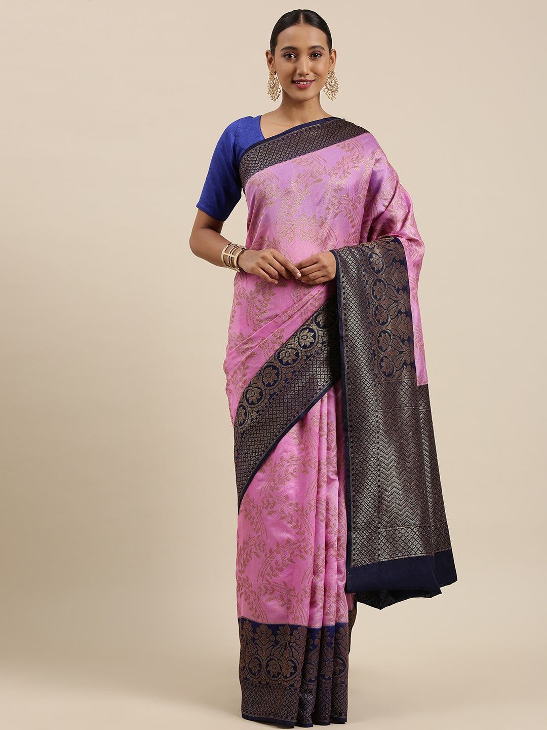Faishana Presents Handwoven Pink Dupion Silk Jaal Skirt Border With Blue Blouse Banarasi Saree
