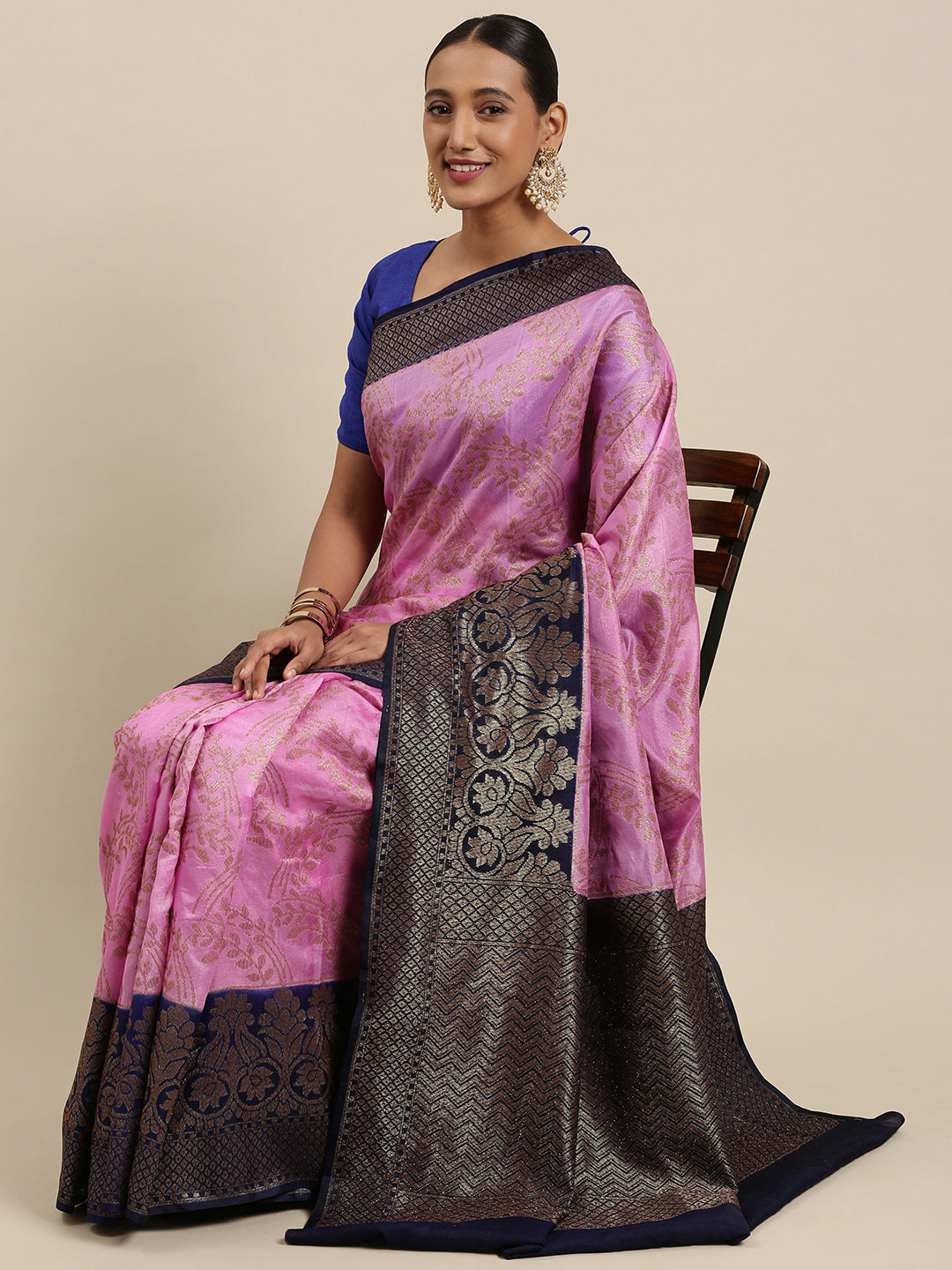 Faishana Presents Handwoven Pink Dupion Silk Jaal Skirt Border With Blue Blouse Banarasi Saree