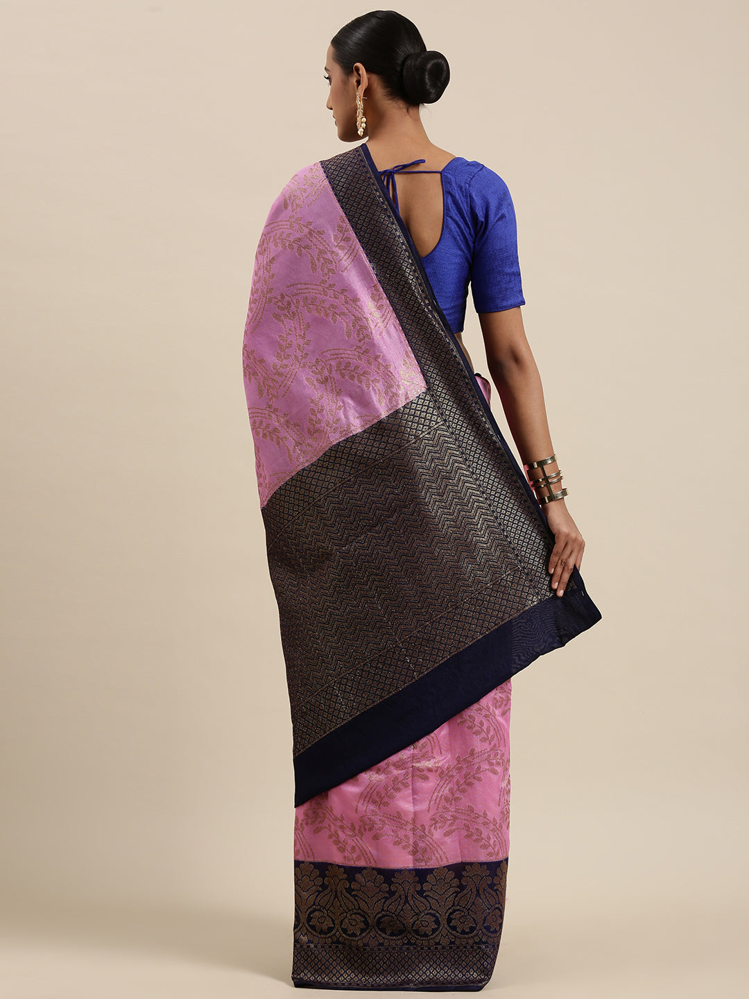 Faishana Presents Handwoven Pink Dupion Silk Jaal Skirt Border With Blue Blouse Banarasi Saree