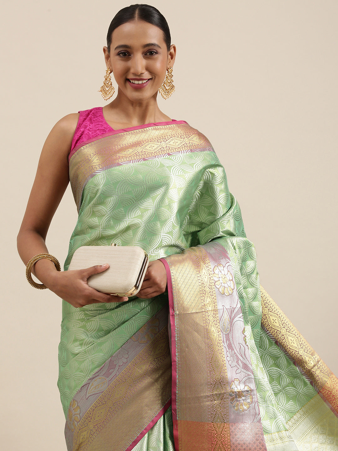 Faishana Seagreen Kanchi Silk Silver Zari Paithani Border Banarasi Saree With Seagreen Blouse