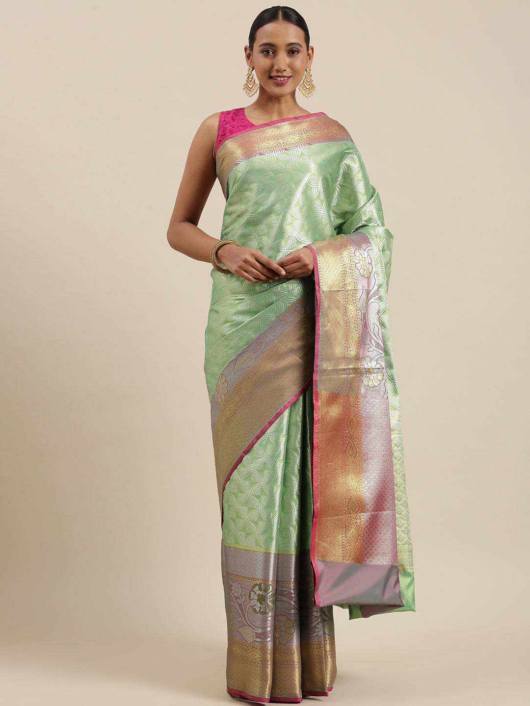 Faishana Seagreen Kanchi Silk Silver Zari Paithani Border Banarasi Saree With Seagreen Blouse