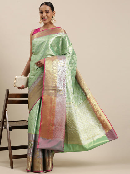 Faishana Seagreen Kanchi Silk Silver Zari Paithani Border Banarasi Saree With Seagreen Blouse