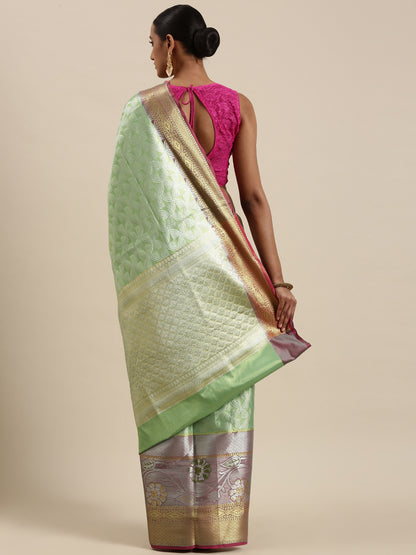 Faishana Seagreen Kanchi Silk Silver Zari Paithani Border Banarasi Saree With Seagreen Blouse