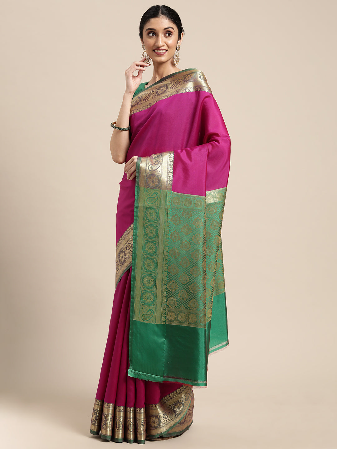Faishana Presents Magenta Katan Silk Plain Zari Anchal With Contrast Green Zari Border Banarasi Saree