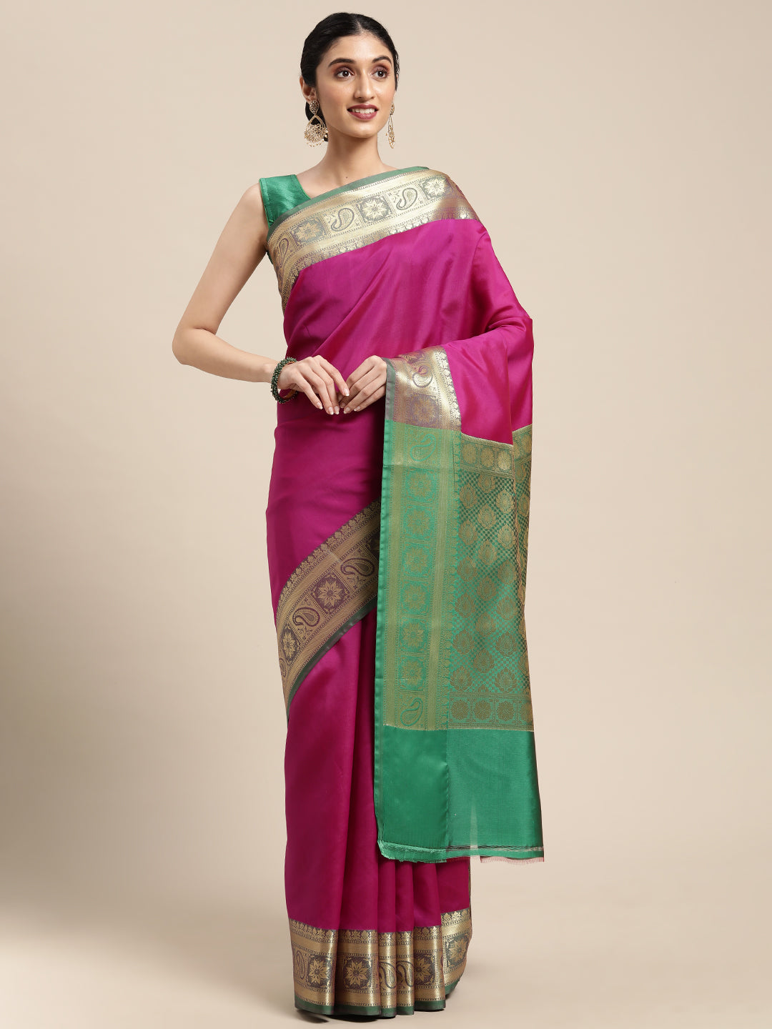 Faishana Presents Magenta Katan Silk Plain Zari Anchal With Contrast Green Zari Border Banarasi Saree