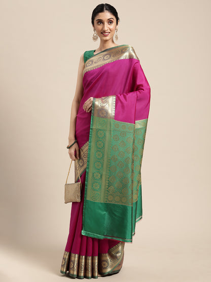 Faishana Presents Magenta Katan Silk Plain Zari Anchal With Contrast Green Zari Border Banarasi Saree