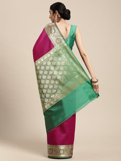 Faishana Presents Magenta Katan Silk Plain Zari Anchal With Contrast Green Zari Border Banarasi Saree