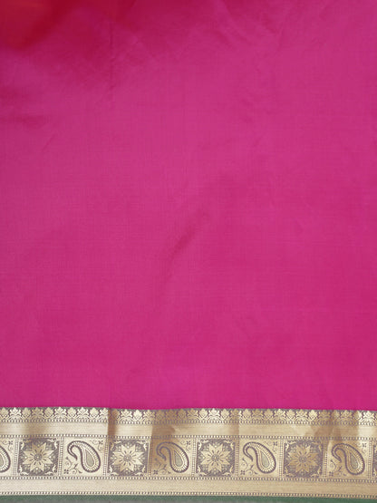 Faishana Presents Magenta Katan Silk Plain Zari Anchal With Contrast Green Zari Border Banarasi Saree