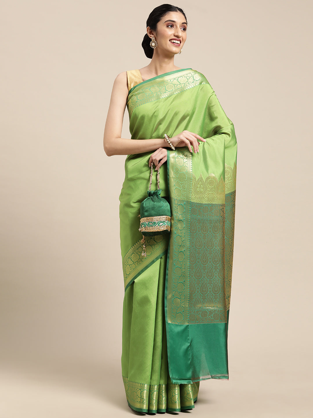 Green Valkalam Katan Silk Banarasi Sarees For Women GEKH30