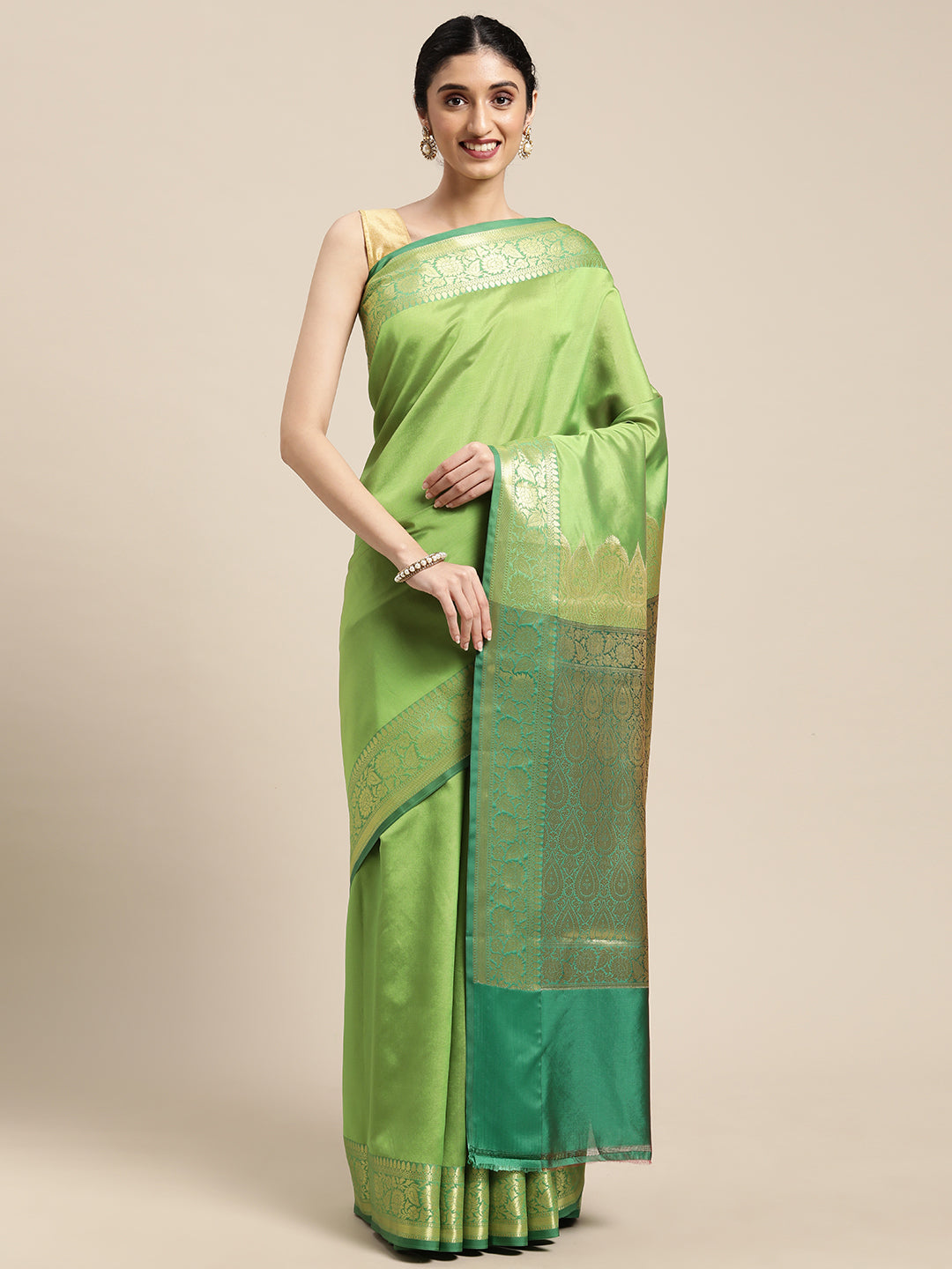 Faishana Presents Green Katan Silk Plain Zari Anchal With Contrast Green Zari Border Banarasi Saree