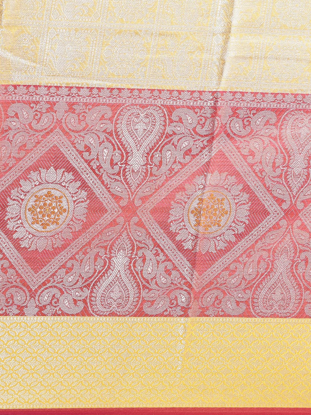 Faishana Presents Gold Silver Zari Kanchi Silk Tanchoi Brocade Contrast Red Skirt Meena Border Banarasi Saree