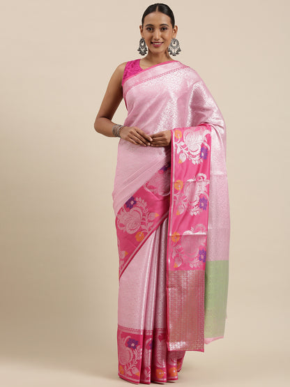 Faishana Presents Pink Silver Zari Kanchi Silk Tanchoi Brocade Contrast Pink Skirt Meena Border Banarasi Saree