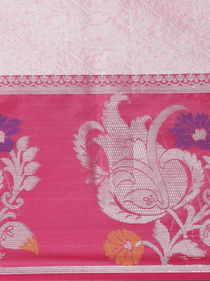 Faishana Presents Pink Silver Zari Kanchi Silk Tanchoi Brocade Contrast Pink Skirt Meena Border Banarasi Saree