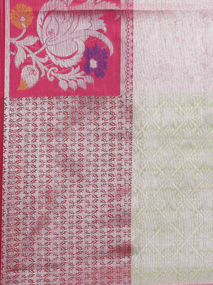 Faishana Presents Pink Silver Zari Kanchi Silk Tanchoi Brocade Contrast Pink Skirt Meena Border Banarasi Saree