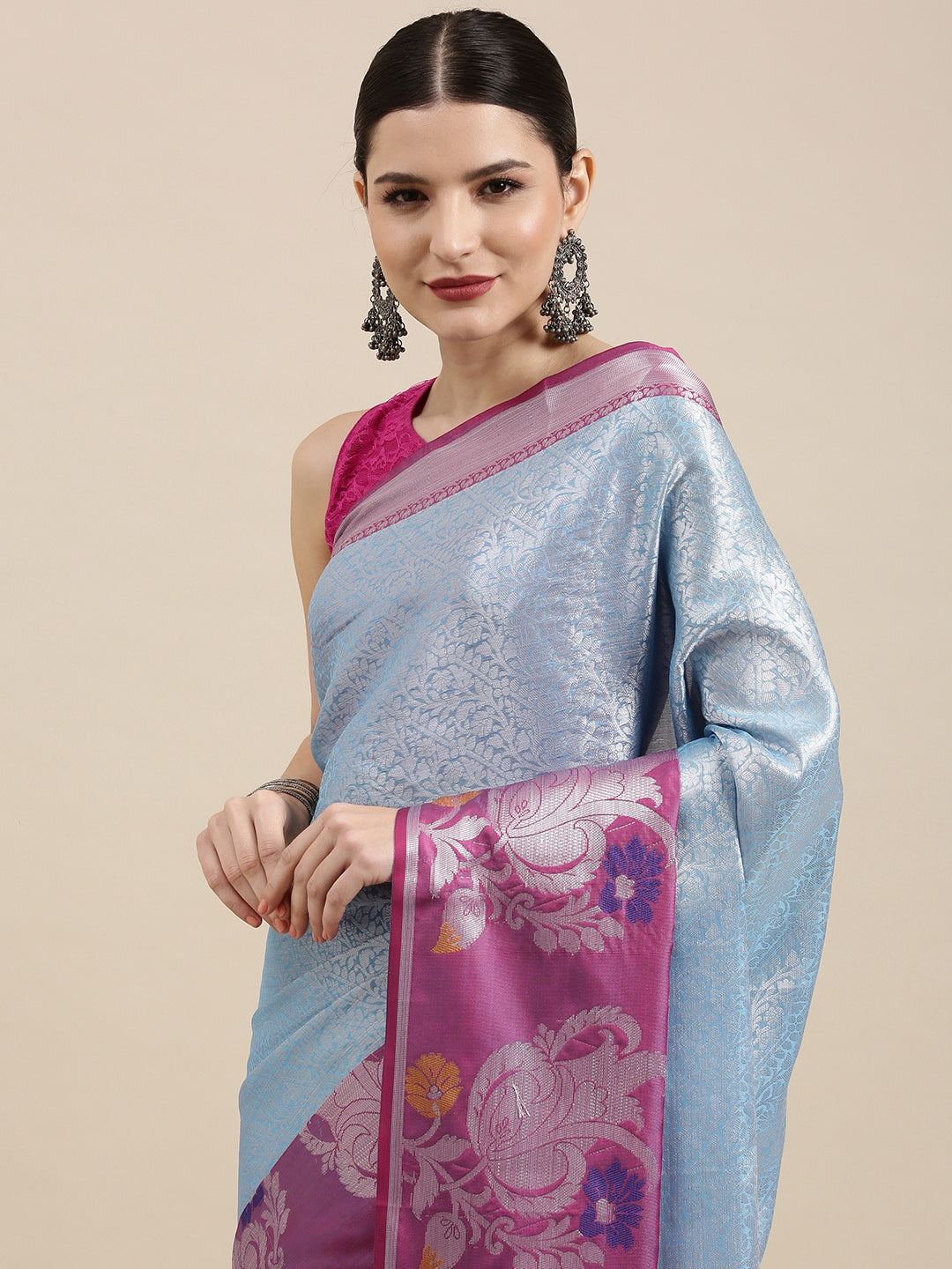 Faishana Presents Blue Silver Zari Kanchi Silk Tanchoi Brocade Contrast Pink Skirt Meena Border Banarasi Saree