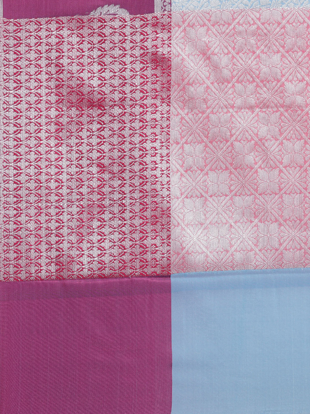 Faishana Presents Blue Silver Zari Kanchi Silk Tanchoi Brocade Contrast Pink Skirt Meena Border Banarasi Saree