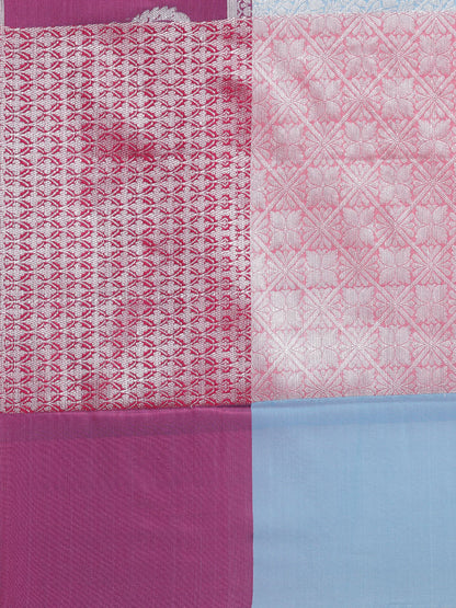 Faishana Presents Blue Silver Zari Kanchi Silk Tanchoi Brocade Contrast Pink Skirt Meena Border Banarasi Saree