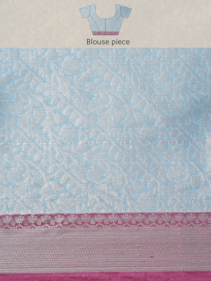 Faishana Presents Blue Silver Zari Kanchi Silk Tanchoi Brocade Contrast Pink Skirt Meena Border Banarasi Saree