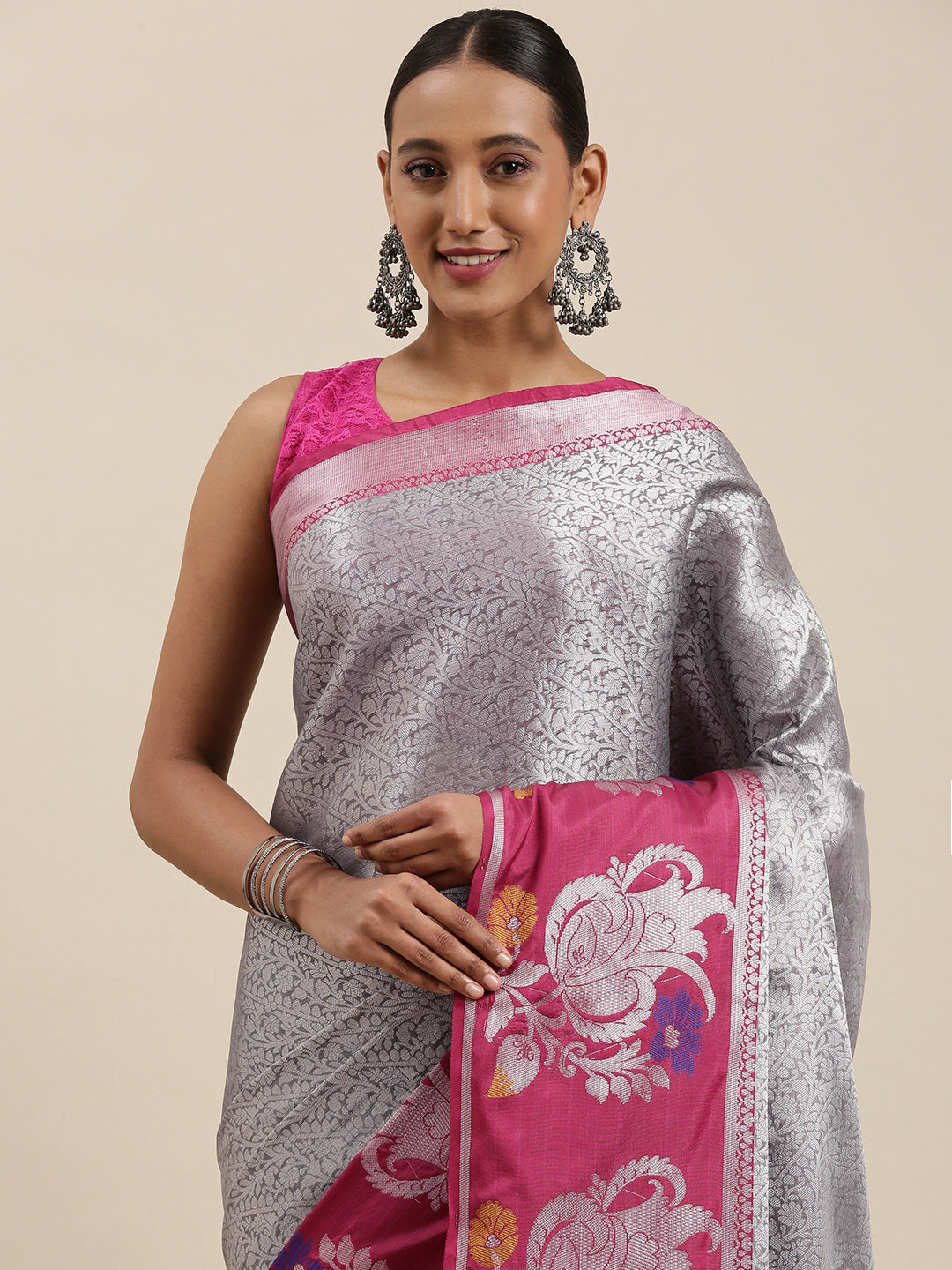 Faishana Presents Grey Silver Zari Kanchi Silk Tanchoi Brocade Contrast Pink Skirt Meena Border Banarasi Saree