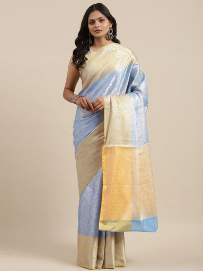 Faishana Presents Blue Silver Zari Kanchi Silk Tanchoi Brocade Contrast Gold Skirt Meena Border Banarasi Saree