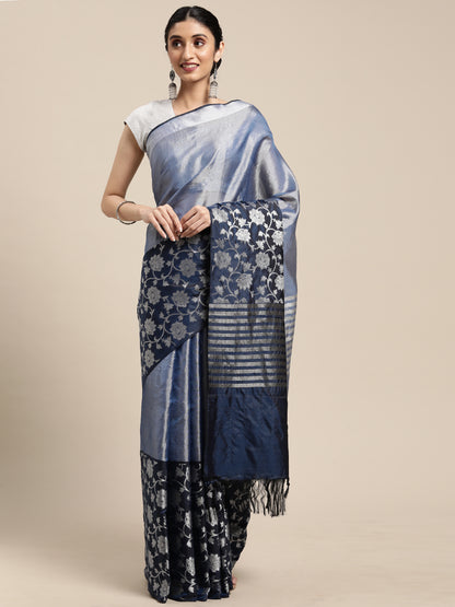 Faishana Presents Lavender Silver Zari Glass Tissue Tanchoi Contrast Large Border Banarasi Saree