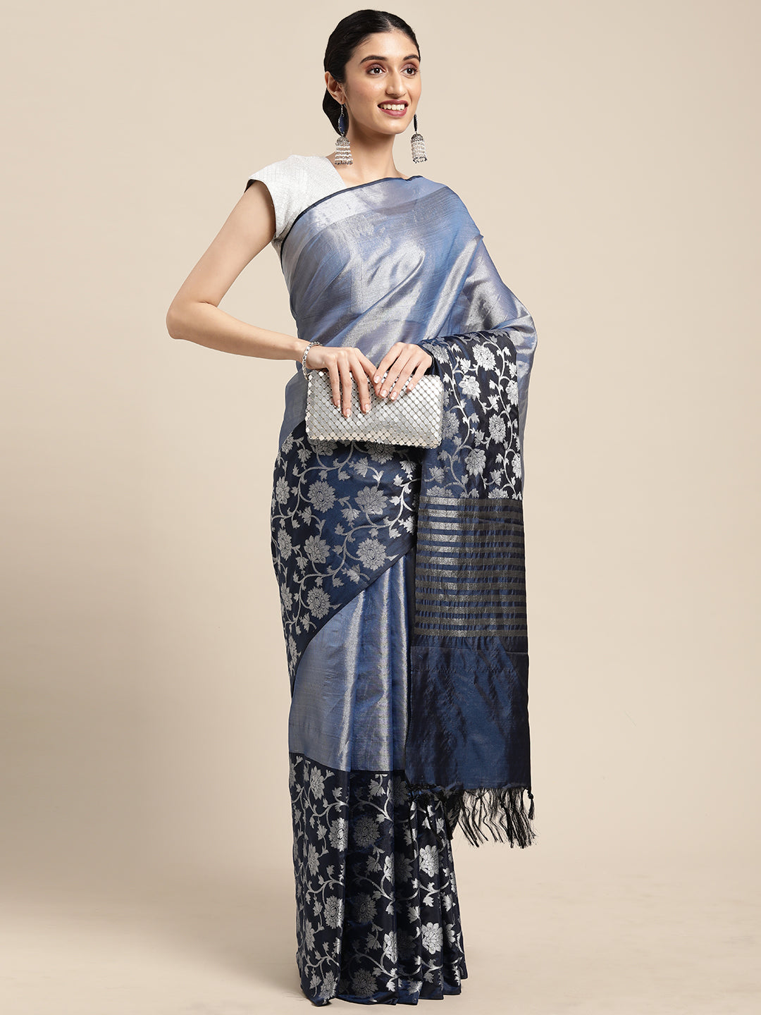 Faishana Presents Lavender Silver Zari Glass Tissue Tanchoi Contrast Large Border Banarasi Saree