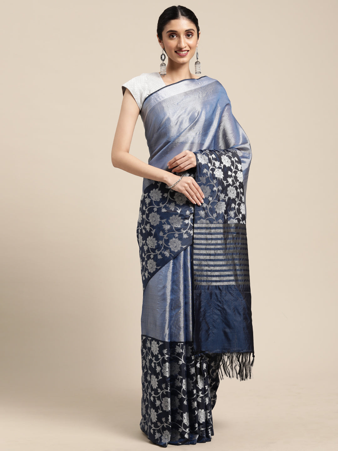Faishana Presents Lavender Silver Zari Glass Tissue Tanchoi Contrast Large Border Banarasi Saree