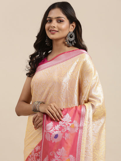 Faishana Presents Gold Silver Zari Kanchi Silk Tanchoi Brocade Contrast Peach Skirt Meena Border Banarasi Saree