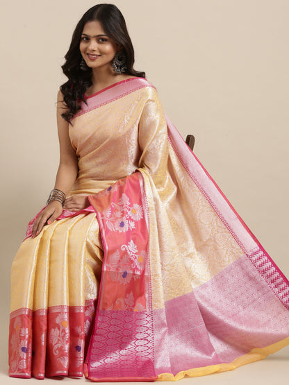 Faishana Presents Gold Silver Zari Kanchi Silk Tanchoi Brocade Contrast Peach Skirt Meena Border Banarasi Saree