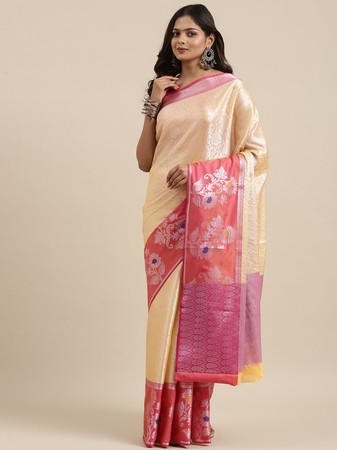 Faishana Presents Gold Silver Zari Kanchi Silk Tanchoi Brocade Contrast Peach Skirt Meena Border Banarasi Saree