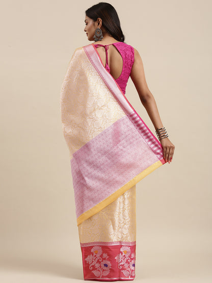 Faishana Presents Gold Silver Zari Kanchi Silk Tanchoi Brocade Contrast Peach Skirt Meena Border Banarasi Saree