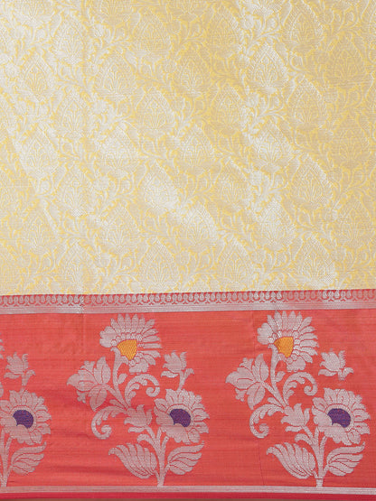Faishana Presents Gold Silver Zari Kanchi Silk Tanchoi Brocade Contrast Peach Skirt Meena Border Banarasi Saree