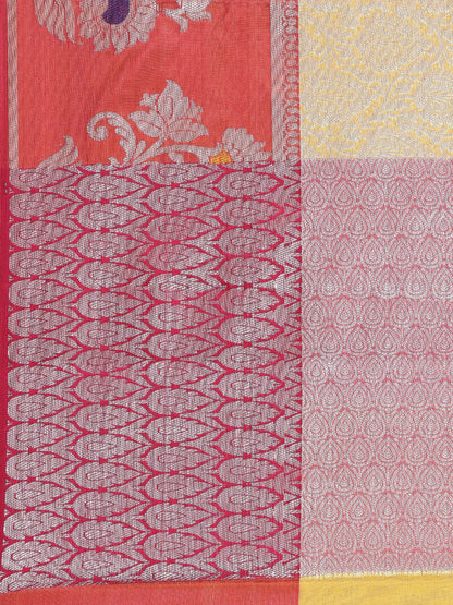 Faishana Presents Gold Silver Zari Kanchi Silk Tanchoi Brocade Contrast Peach Skirt Meena Border Banarasi Saree