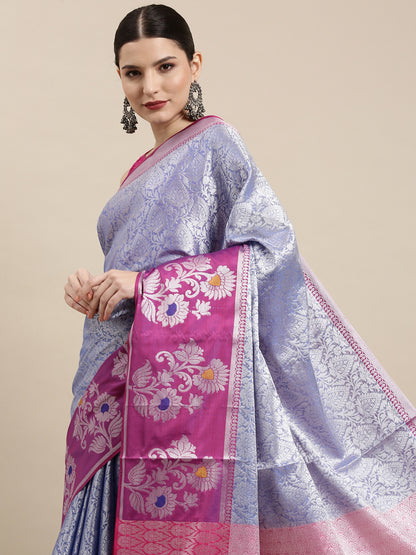 Faishana Presents Blue Silver Zari Kanchi Silk Tanchoi Brocade Contrast Magenta Skirt Meena Border Banarasi Saree