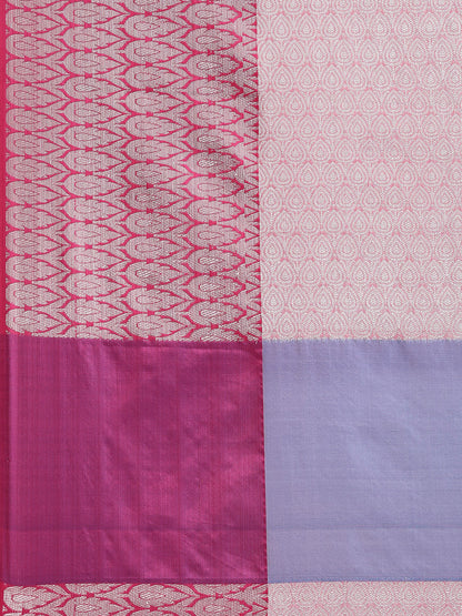 Faishana Presents Blue Silver Zari Kanchi Silk Tanchoi Brocade Contrast Magenta Skirt Meena Border Banarasi Saree