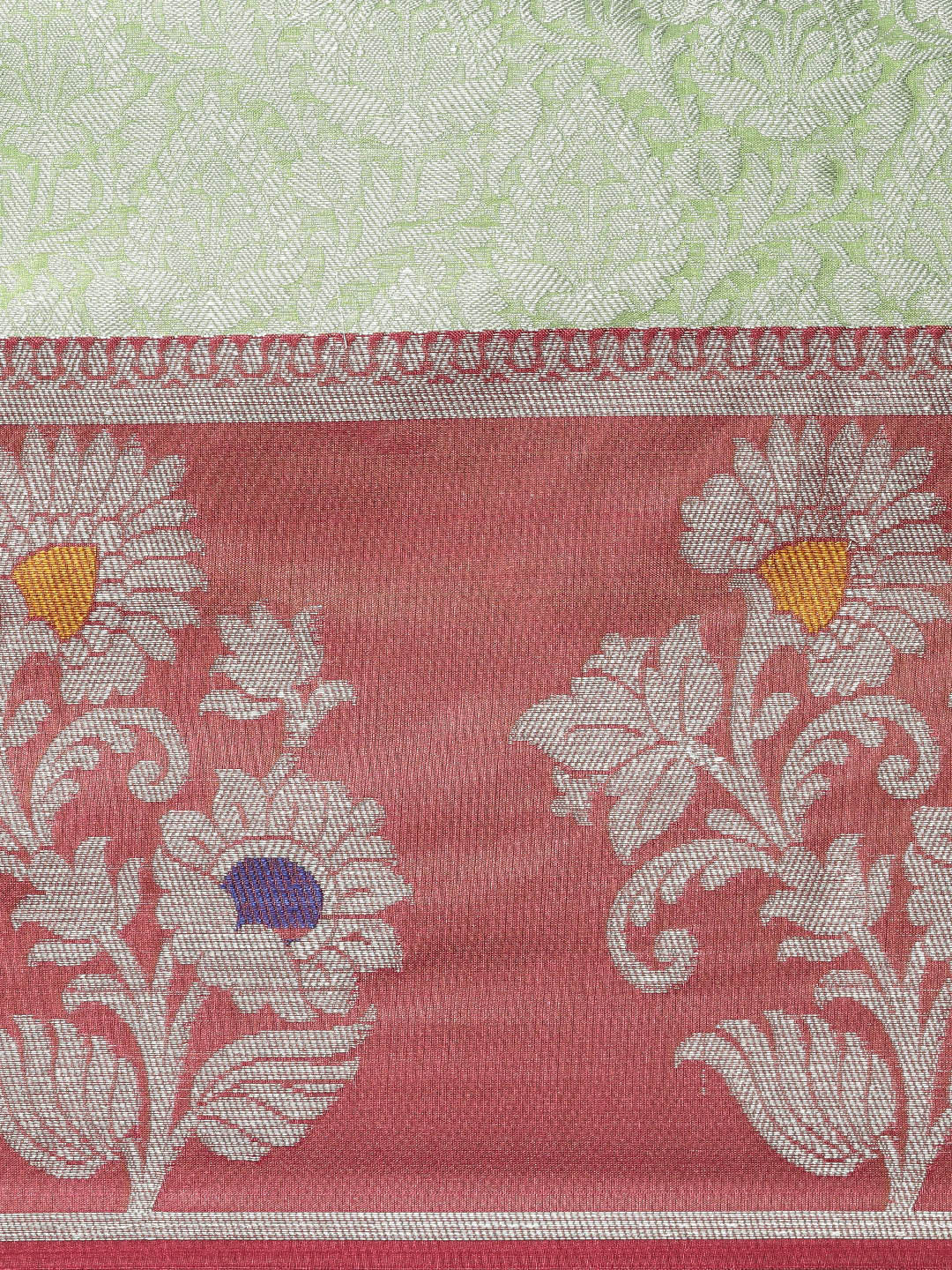 Faishana Presents Green Silver Zari Kanchi Silk Tanchoi Brocade Contrast Maroon Skirt Meena Border Banarasi Saree