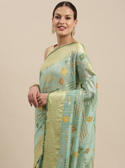 Faishana Presents Handwoven Seagreen Mulberry Silk Geometrical Motif Tilfi Zari Border With Parrot Green Blouse Banarasi Saree
